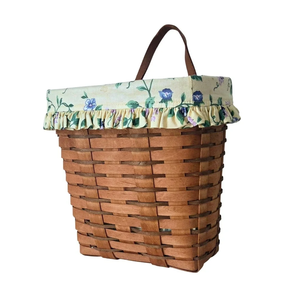 Longaberger 1990 Vintage Wall Hanging Basket Leather Handle‎ Floral Liner USA